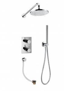 Flova LV3WPK1-SQ-U Levo Square 3-Outlet Thermostatic Shower Valve with Fixed Head/Handshower and Bath Overflow Filler Chrome