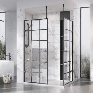 Roman Liberty Matt Black Grid Corner Wetroom Panel 857mm [KLCP9GPB] [WETROOM PANEL ONLY - BRACE BARS/FIXINGS NOT INCLUDED]