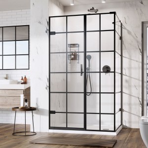 Roman Liberty Matt Black Grid In-Line Panel 1400mm Corner Fitting - Left Hand [TL1HR14BGBL] [IN-LINE PANEL ONLY - DOOR/SIDE PANEL NOT INCLUDED]