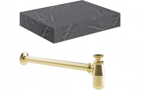Novara Wall Mounted Basin Shelf 600mm with Bottle Trap Grey Marble/Brushed Brass [PLUM106945]