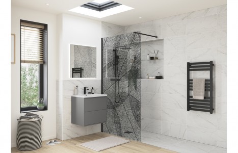Imola 1200mm Matt Black Leaf Design Wetroom Panel [PLUM100612]