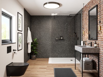 Wetwall Mermaid Square Edge Laminate Shower Panel 2420 x 900mm Terrazzo Noir [11900393]