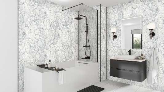 Wetwall Mermaid Square Edge Laminate Shower Panel 2420 x 1210mm White Marble [WP-WMA-2420X1200-CC]