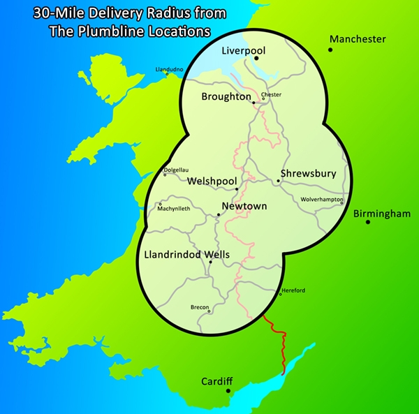 Plumbline 30-Mile Delivery Radius Around Stores.